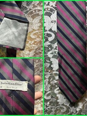 Christian Dior vintage Silk Diagonal Stripe Tie in Navy, Pink & Silver
